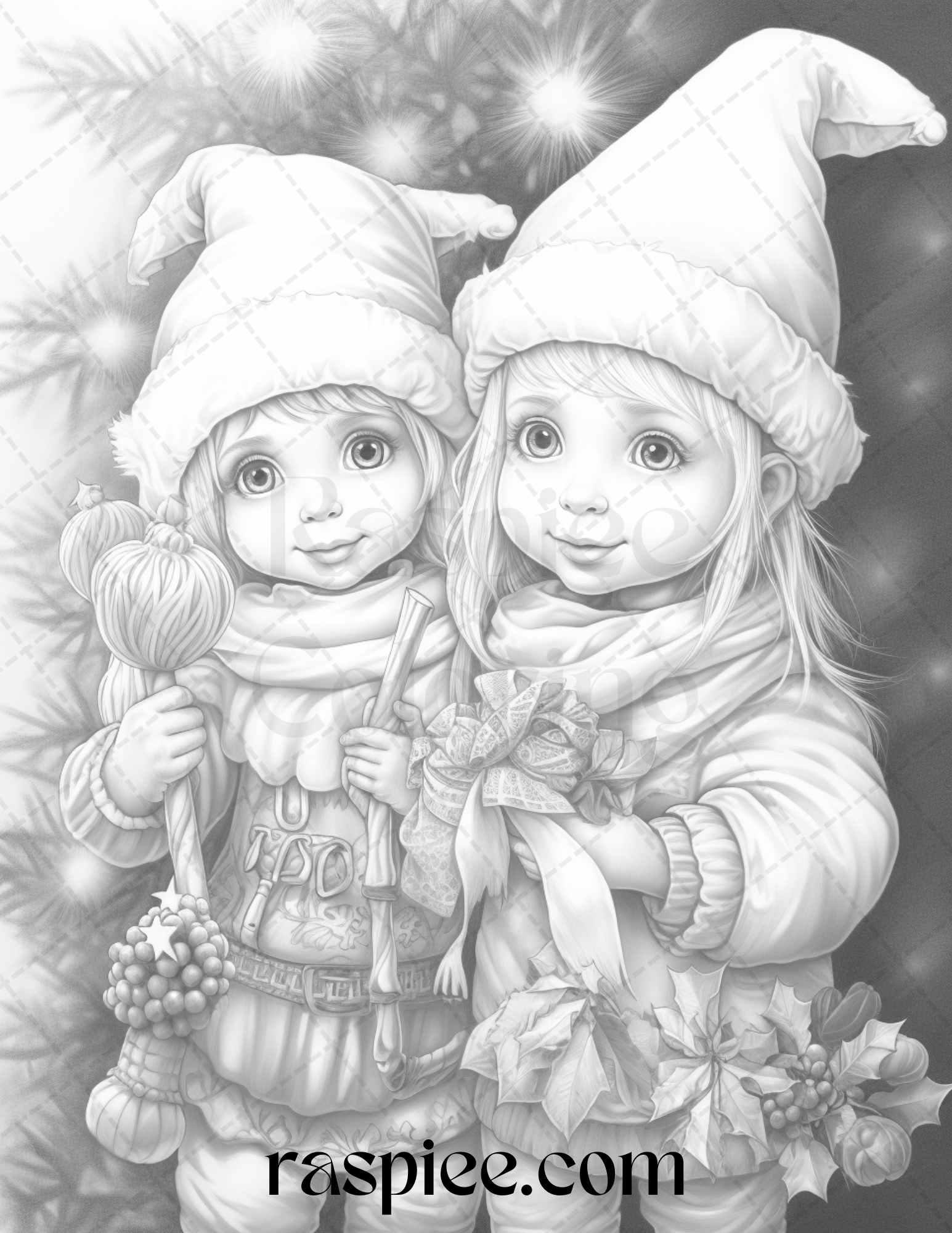 110 Christmas Elves Grayscale Coloring Pages Printable for Adults Kids, PDF File Instant Download