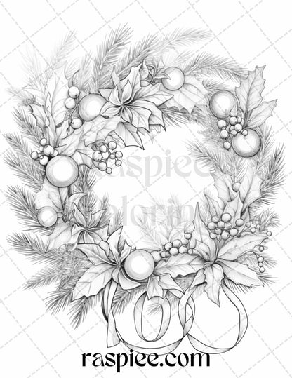 40 Christmas Wreath Grayscale Coloring Pages Printable for Adults, PDF File Instant Download