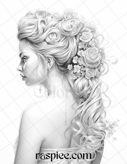 43 Beautiful Hairstyles Grayscale Coloring Pages Printable for Adults, PDF File Instant Download