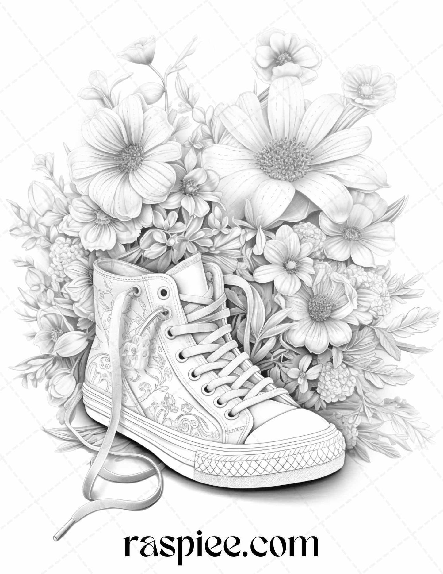 40 Flower Sneakers Grayscale Coloring Pages Printable for Adults, PDF File Instant Download