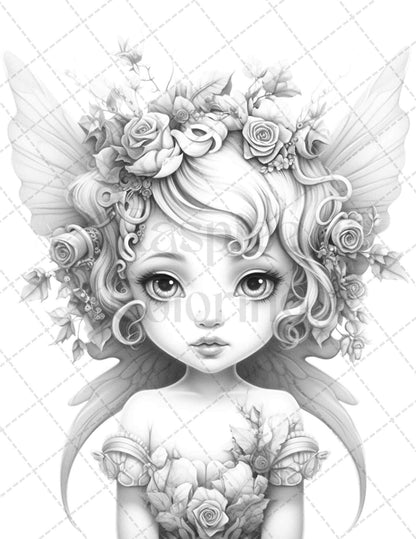 45 Adorable Chibi Fairy Grayscale Coloring Pages Printable for Adults, PDF File Instant Download