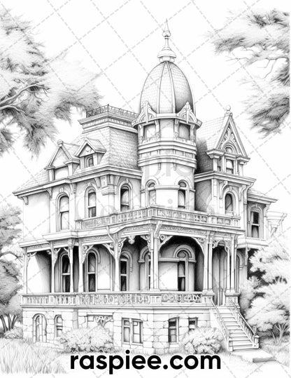 40 Victorian Mansions Grayscale Coloring Pages for Adults, Printable PDF Instant Download