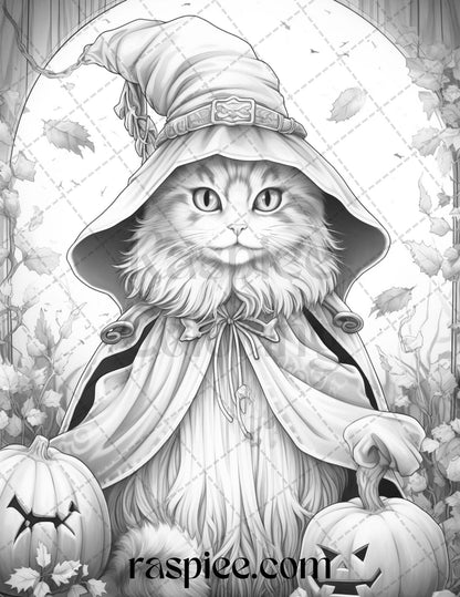 40 Halloween Witch Cat Grayscale Coloring Pages Printable for Adults, PDF File Instant Download