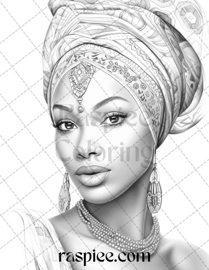 40 Beautiful African Women Grayscale Coloring Pages Printable for Adults, PDF File Instant Download