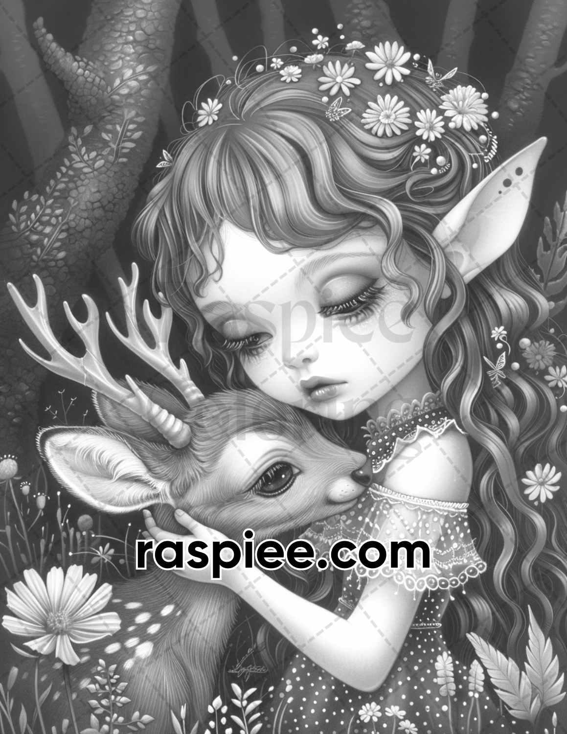 62 Magical Fairy Antler Grayscale Adult Coloring Pages, Printable PDF Instant Download