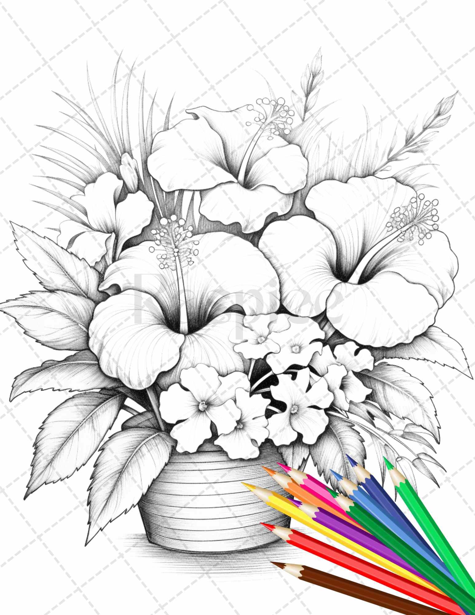 30 Flower Baskets Grayscale Coloring Pages for Adults, PDF File Instant Download