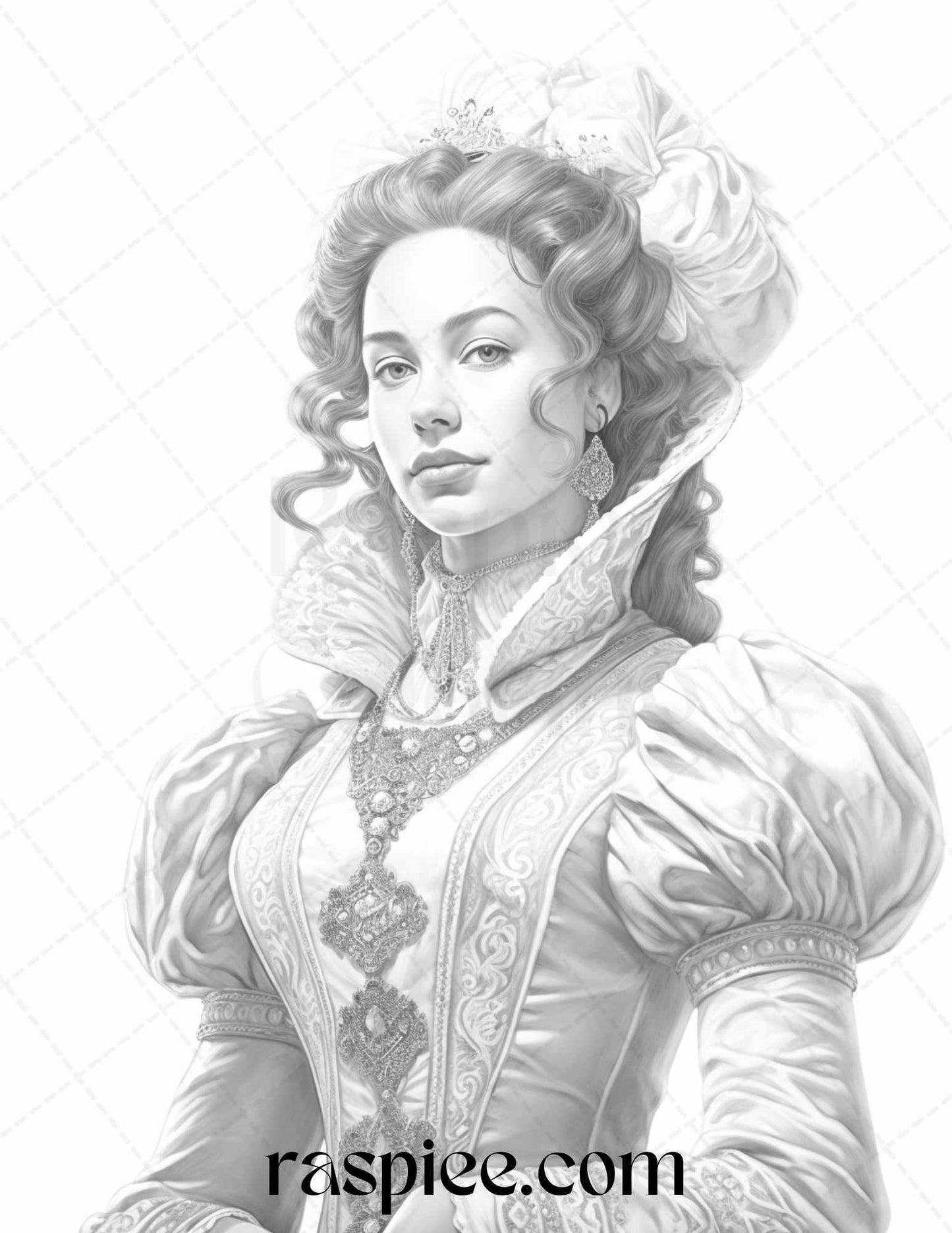 40 Baroque Women Portrait Grayscale Adult Coloring Pages Printable, PDF File Instant Download