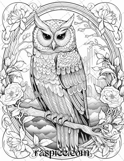 40 Floral Owl Grayscale Printable Coloring Pages for Adults, PDF File Instant Download