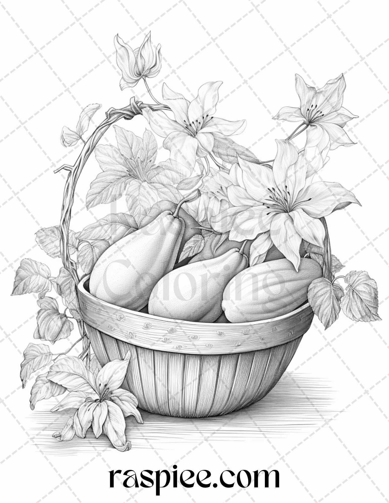 40 Fruit Basket Grayscale Coloring Pages Printable for Adults, PDF File Instant Download