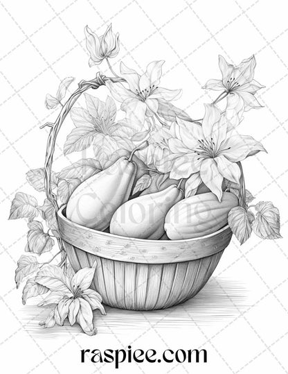 40 Fruit Basket Grayscale Coloring Pages Printable for Adults, PDF File Instant Download