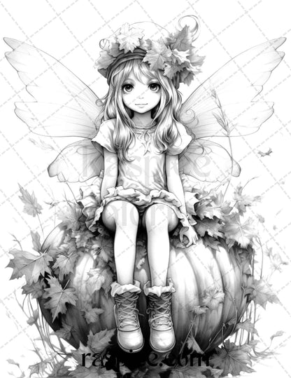 40 Pumpkin Fairy Girls Grayscale Coloring Pages Printable for Adults, PDF File Instant Download