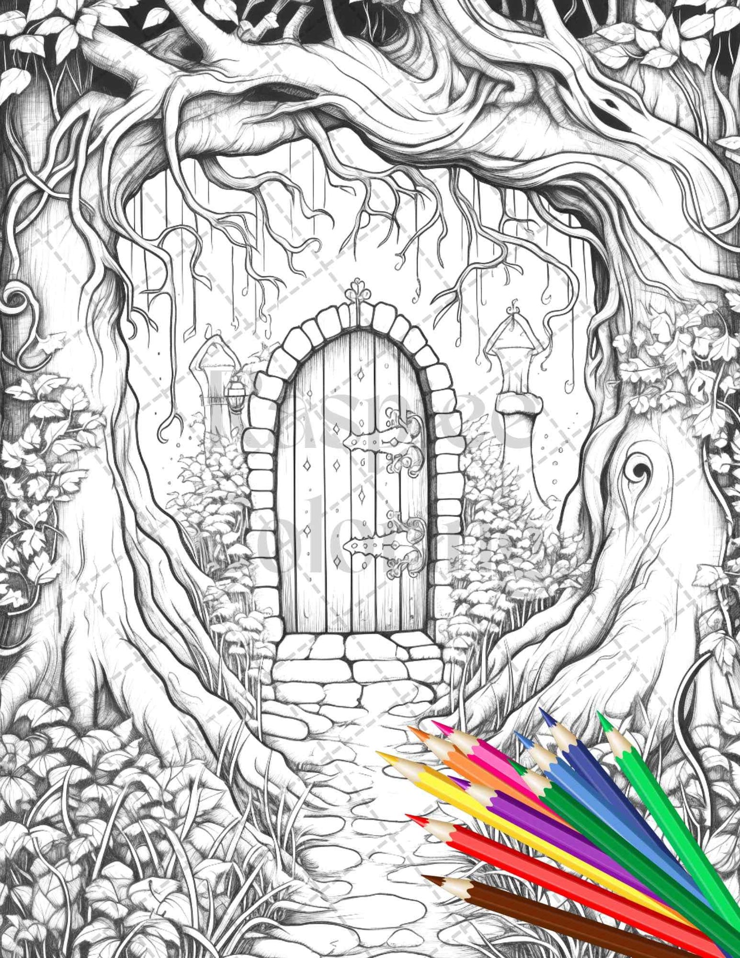 40 Magical Forest Gates Grayscale Coloring Pages Printable for Adults, PDF File Instant Download