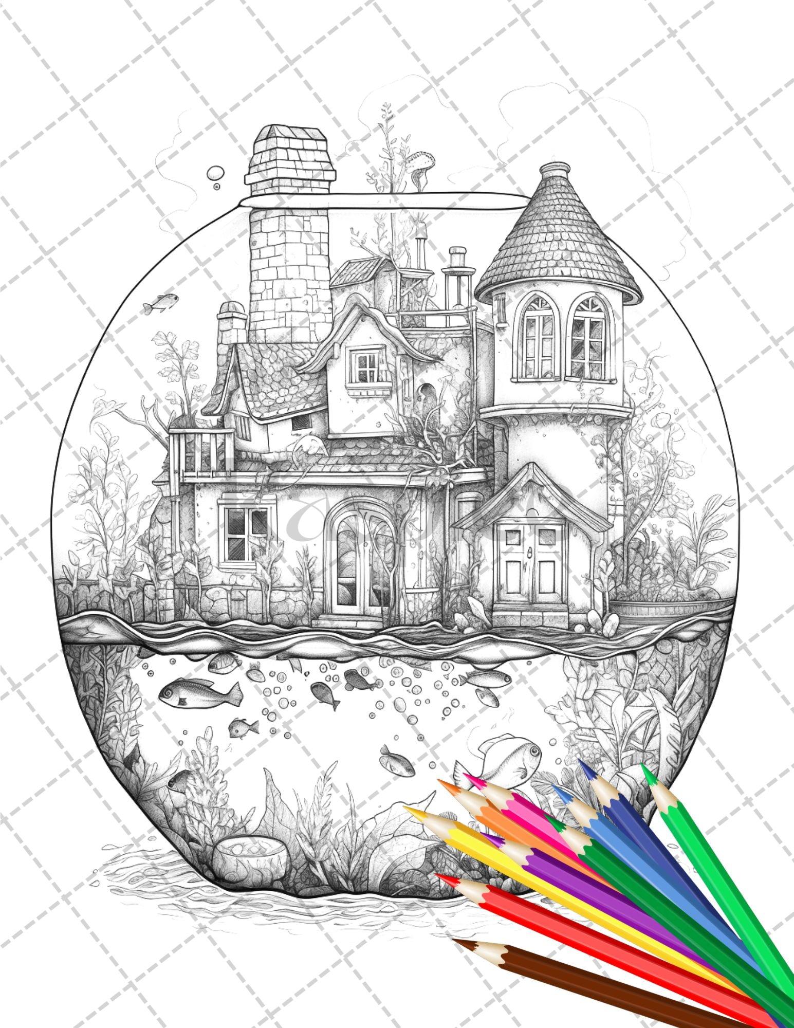 34 Fishtank Houses Coloring Book for Adults, Grayscale Coloring Page, Printable PDF Instant Download