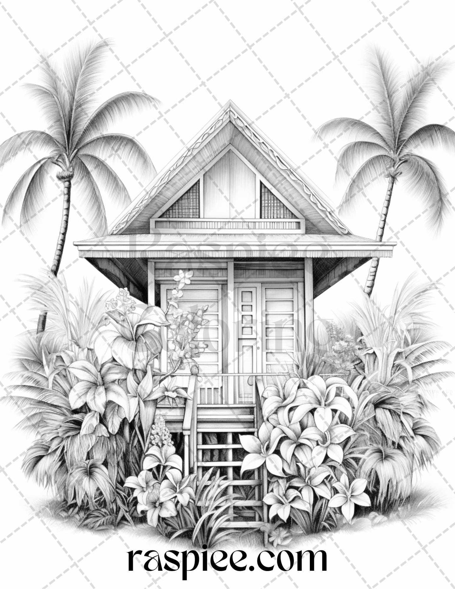 40 Hawaii Tiki Houses Grayscale Coloring Pages Printable for Adults, PDF File Instant Download