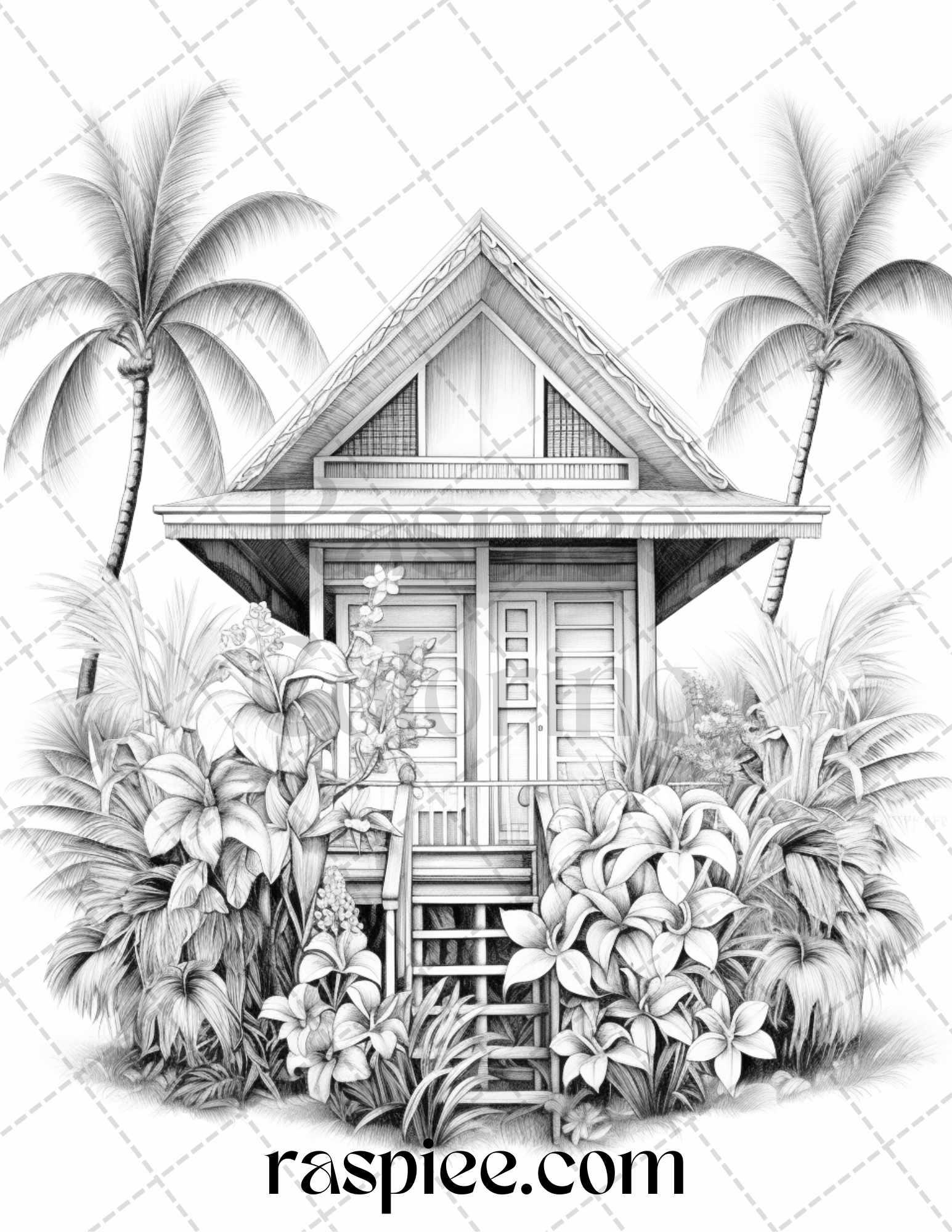 40 Hawaii Tiki Houses Grayscale Coloring Pages Printable for Adults, PDF File Instant Download