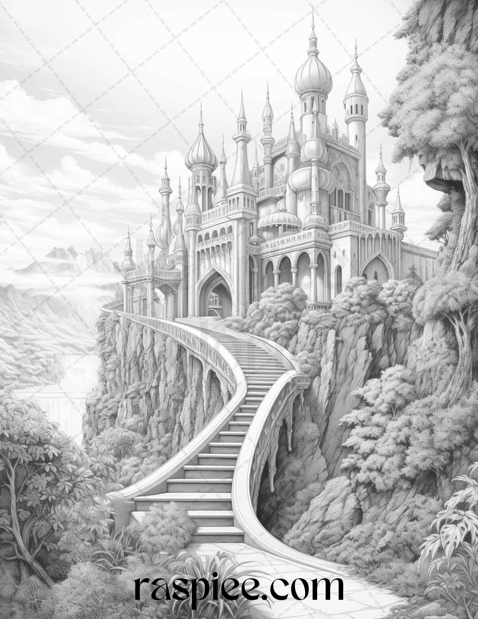 40 Fantasy Landscapes Grayscale Coloring Pages Printable for Adults, PDF File Instant Download