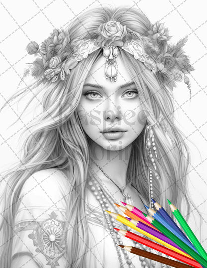 43 Beautiful Hippie Girls Grayscale Coloring Pages Printable for Adults, PDF File Instant Download