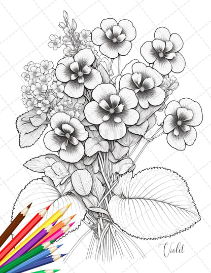 30 Botanical Flowers Printable Coloring Pages for Adults, Floral Grayscale Coloring Book, Printable PDF File Download