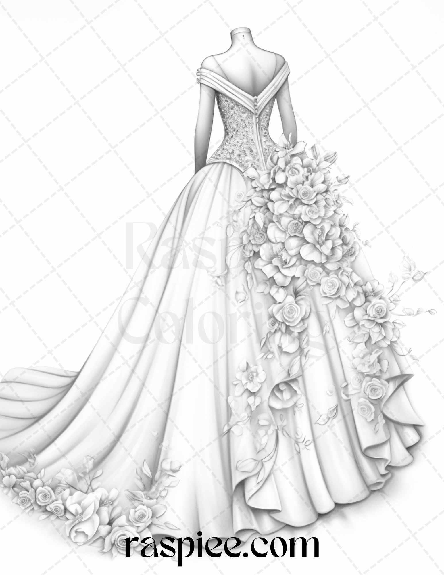 40 Elegant Floral Wedding Dresses Grayscale Coloring Pages Printable for Adults, PDF File Instant Download