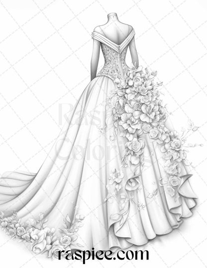 40 Elegant Floral Wedding Dresses Grayscale Coloring Pages Printable for Adults, PDF File Instant Download