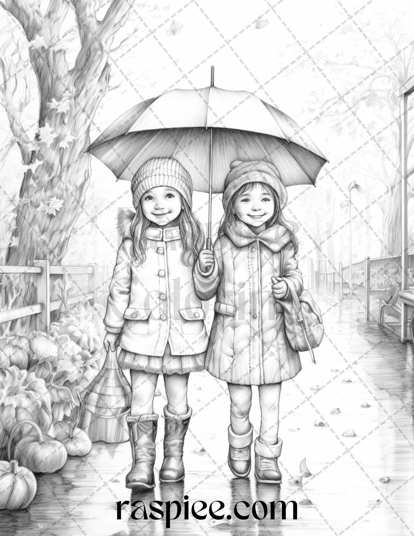 40 Rainy Autumn Day Grayscale Coloring Pages Printable for Adults and Kids, PDF File Instant Download