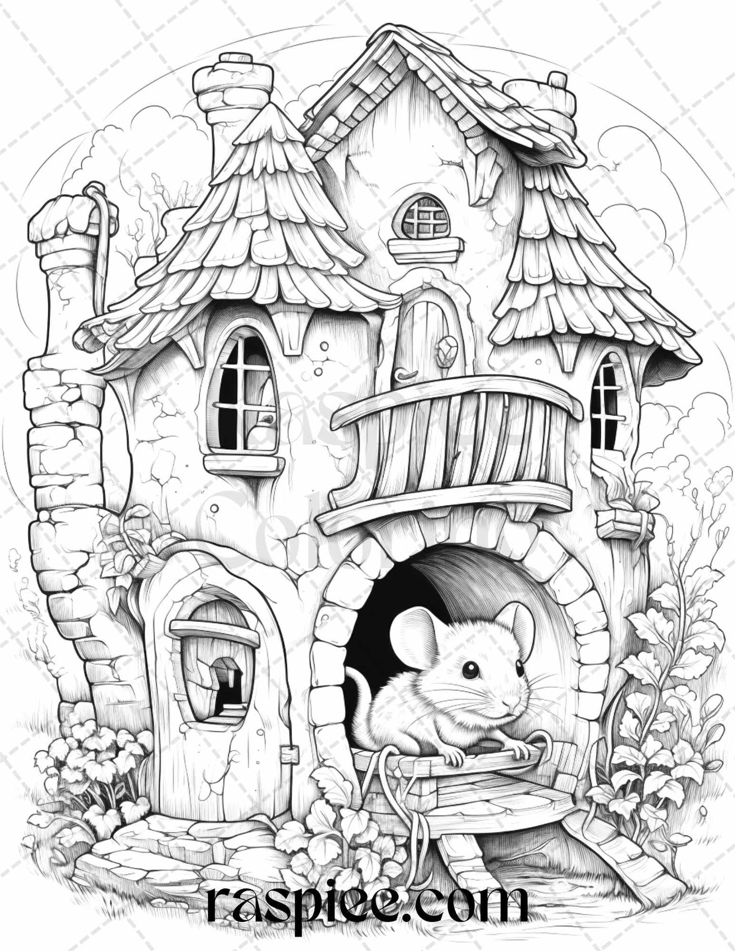 40 Magical Mouse Houses Grayscale Coloring Pages Printable for Adults, PDF File Instant Download