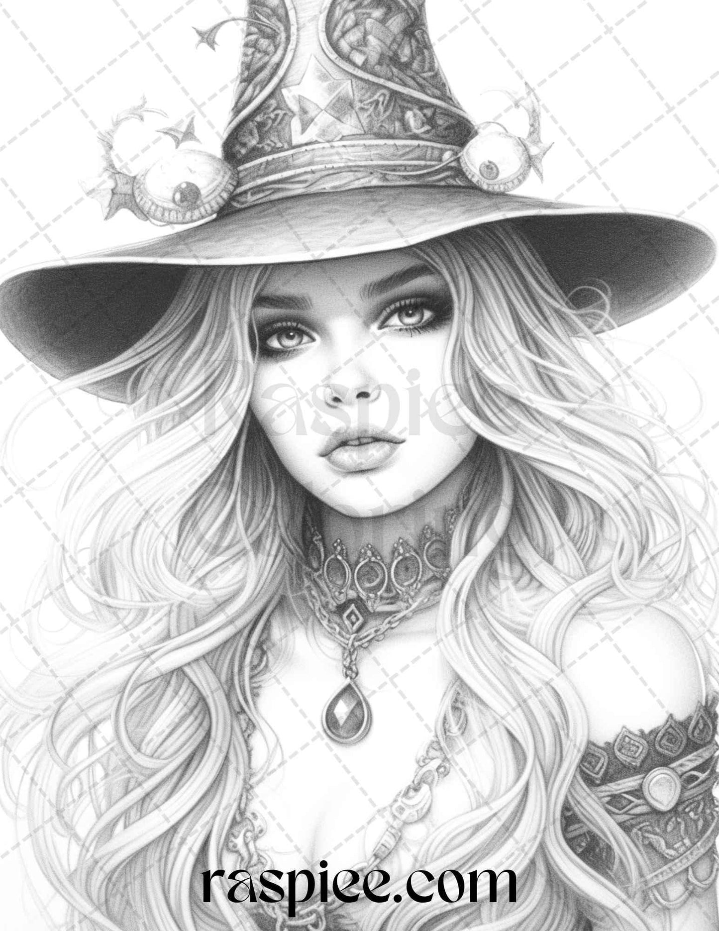 40 Beautiful Witches Grayscale Coloring Pages Printable for Adults, PDF File Instant Download