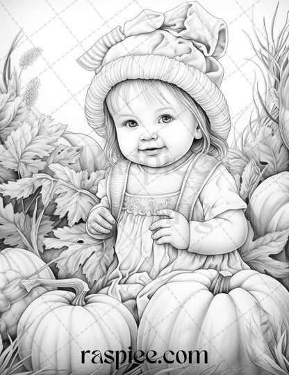 40 Pumpkin Babies Grayscale Coloring Pages for Adults and Kids, Printable PDF File Instant Download