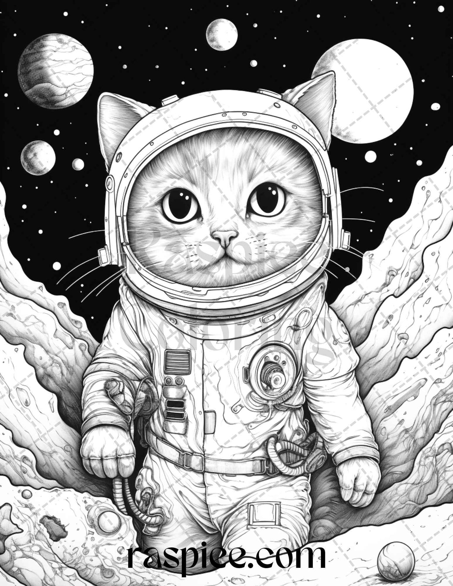 40 Cat Astronaut Grayscale Coloring Pages Printable for Adults Kids, PDF File Instant Download