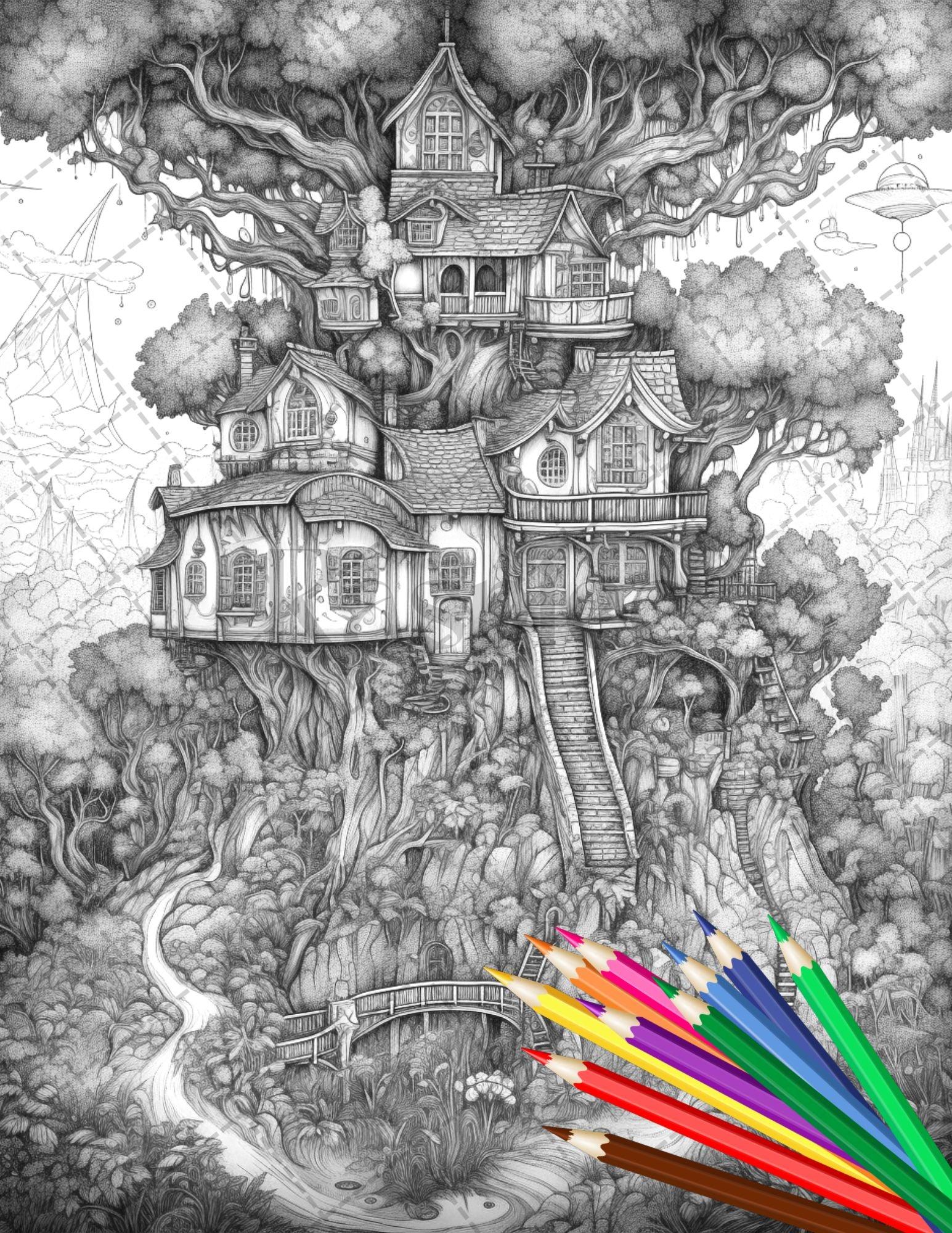 30 Fantasy Fairy Houses Coloring Page Book, Printable Adult Coloring Pages, Enchanted Fairy Home Grayscale Coloring Book, Printable PDF File