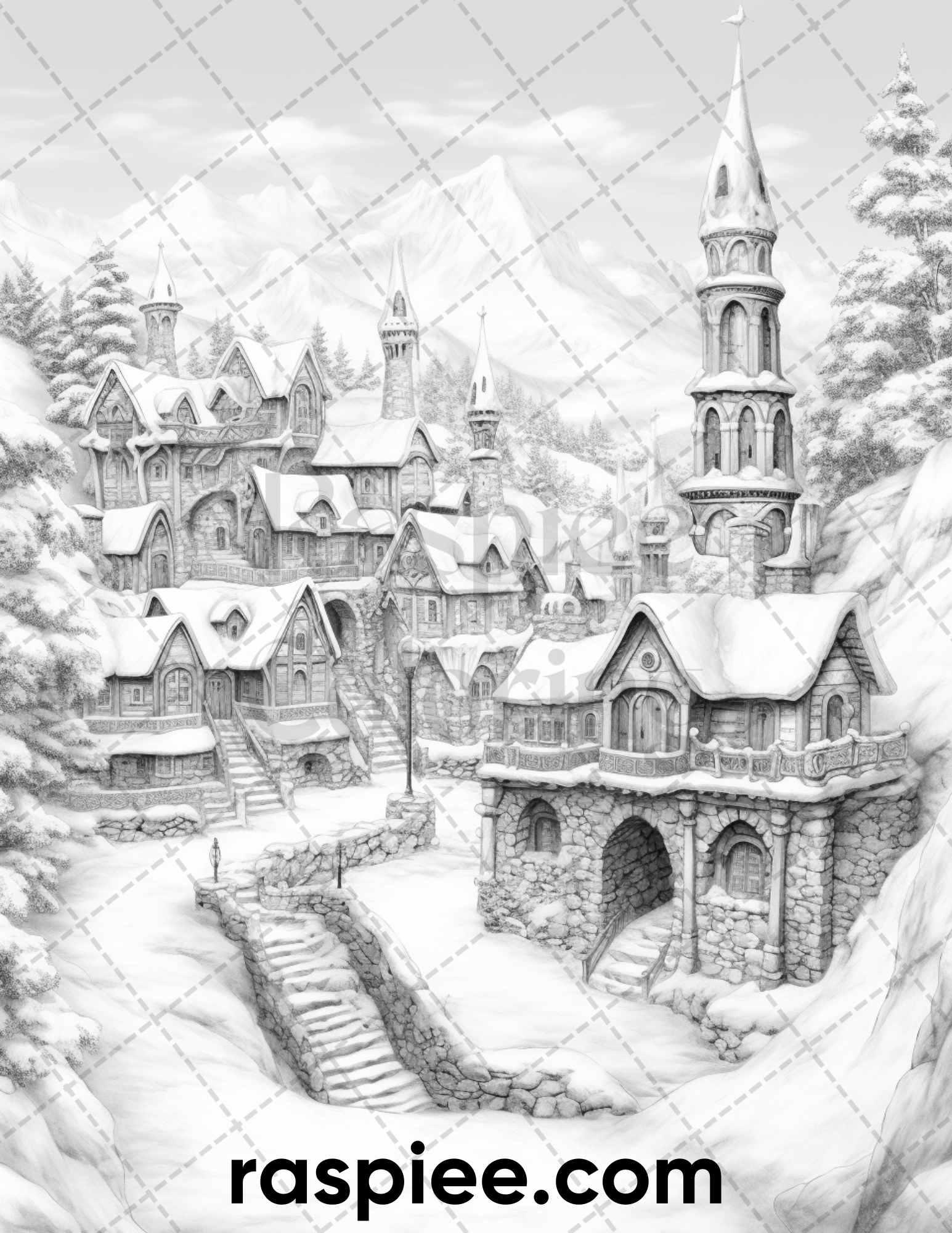 40 Fantasy Winter Village Grayscale Coloring Pages for Adults, PDF File Instant Download