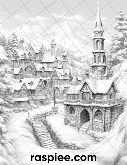 40 Fantasy Winter Village Grayscale Coloring Pages for Adults, PDF File Instant Download