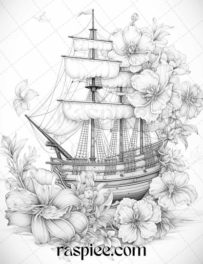 44 Flower Ships Graysale Coloring Pages Printable for Adults, PDF File Instant Download