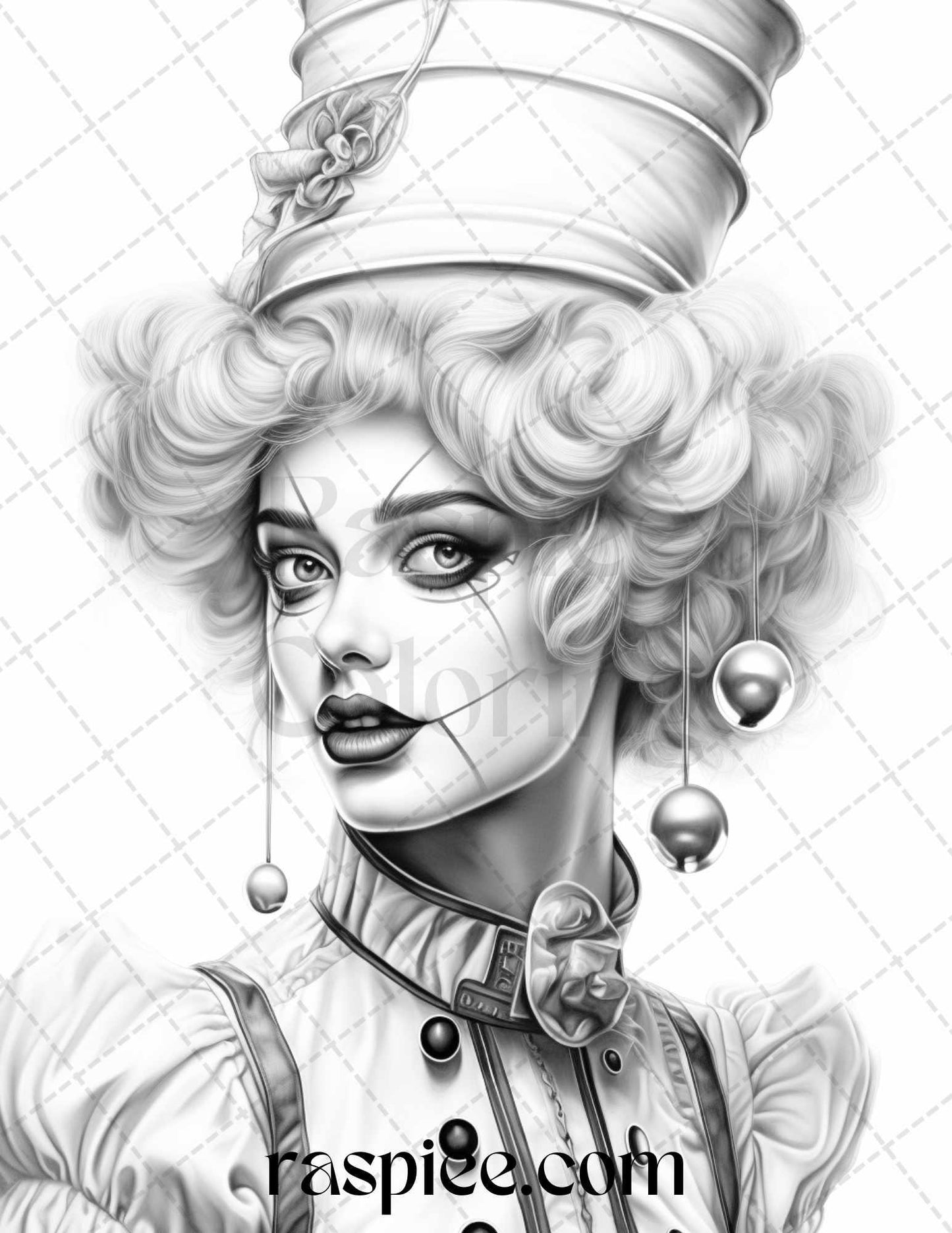 42 Beautiful Clown Girls Grayscale Coloring Pages Printable for Adults, PDF File Instant Download