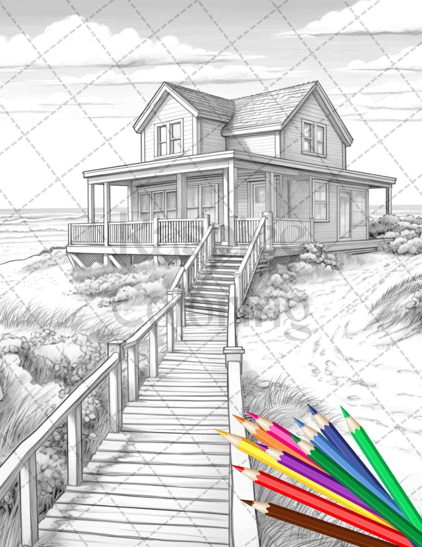 42 Wooden Beach Houses Grayscale Coloring Pages Printable for Adults, PDF File Instant Download