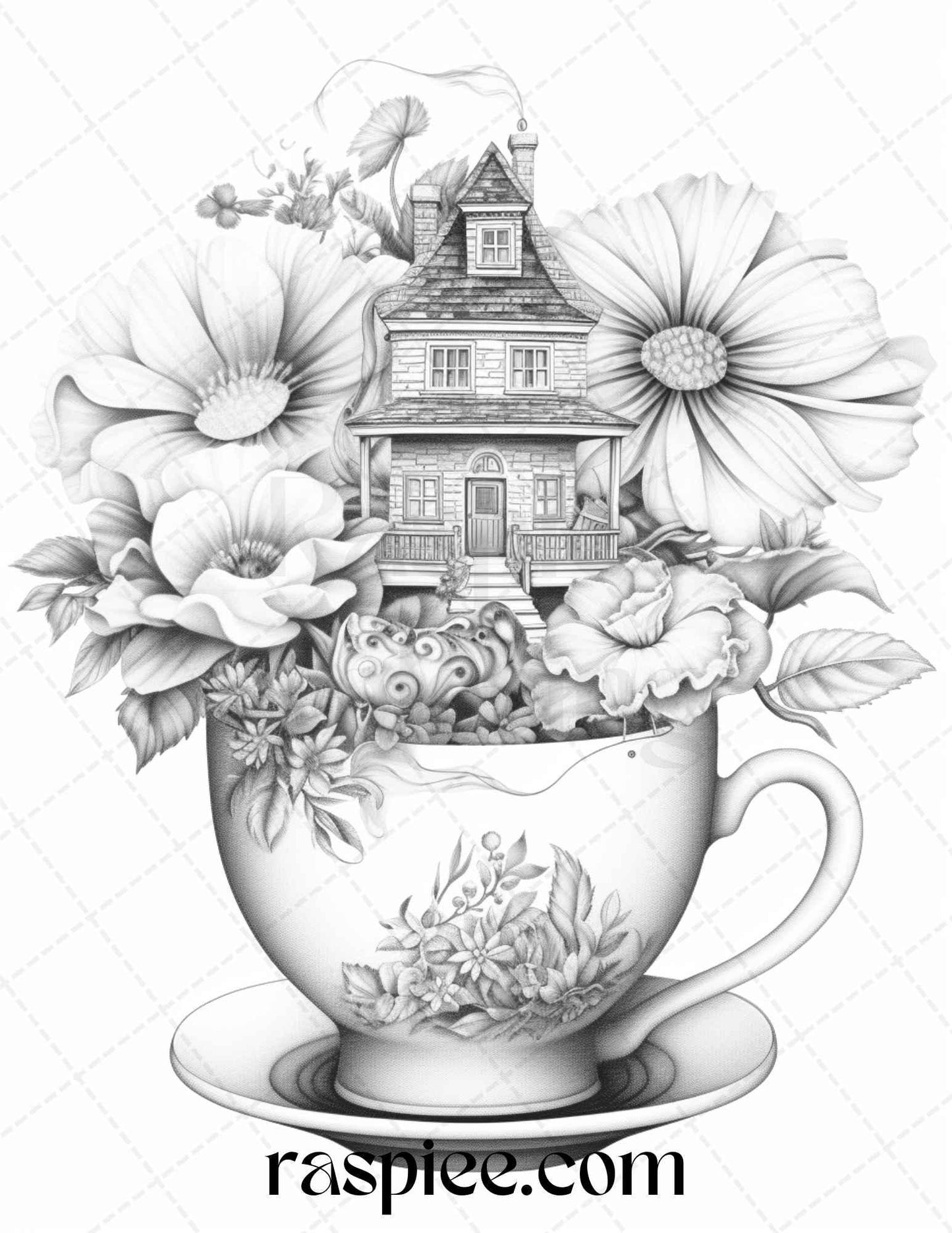 40 Flower Teacup Fairy Houses Grayscale Coloring Pages Printable for Adults, PDF File Instant Download