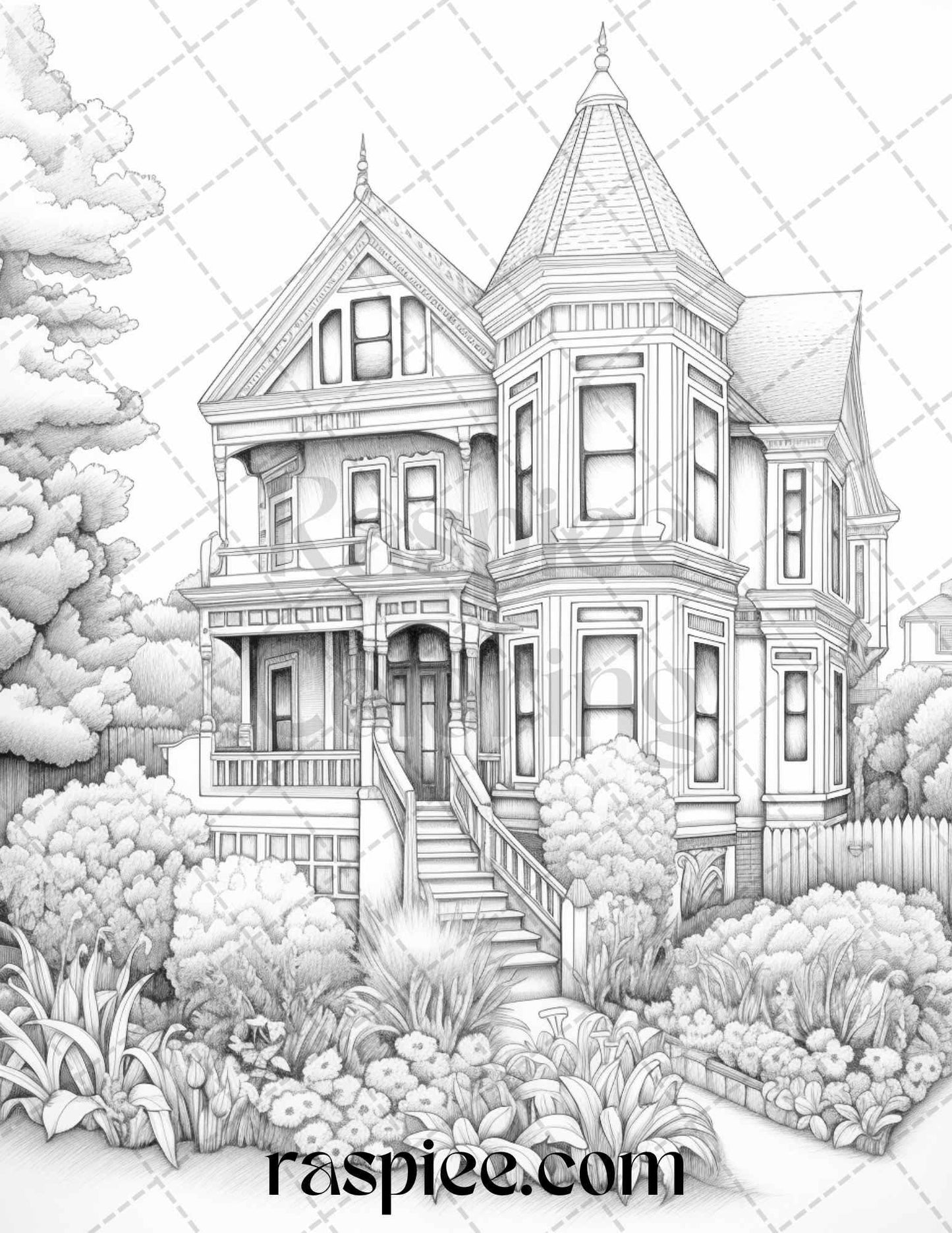 40 Victorian Houses Grayscale Coloring Pages Printable for Adults, PDF File Instant Download