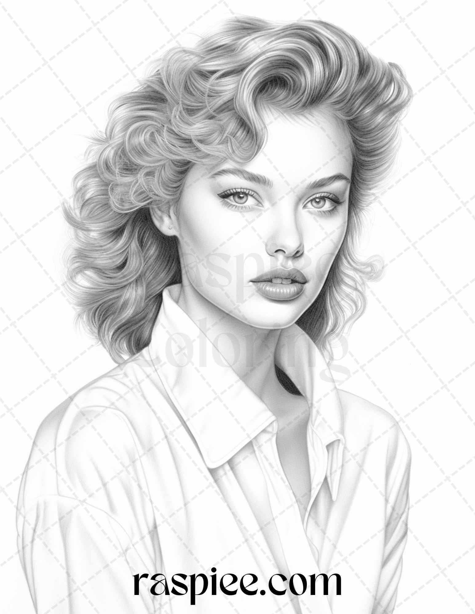 1980s Retro Beautiful Women Grayscale Coloring Pages for Adults, PDF File Instant Download