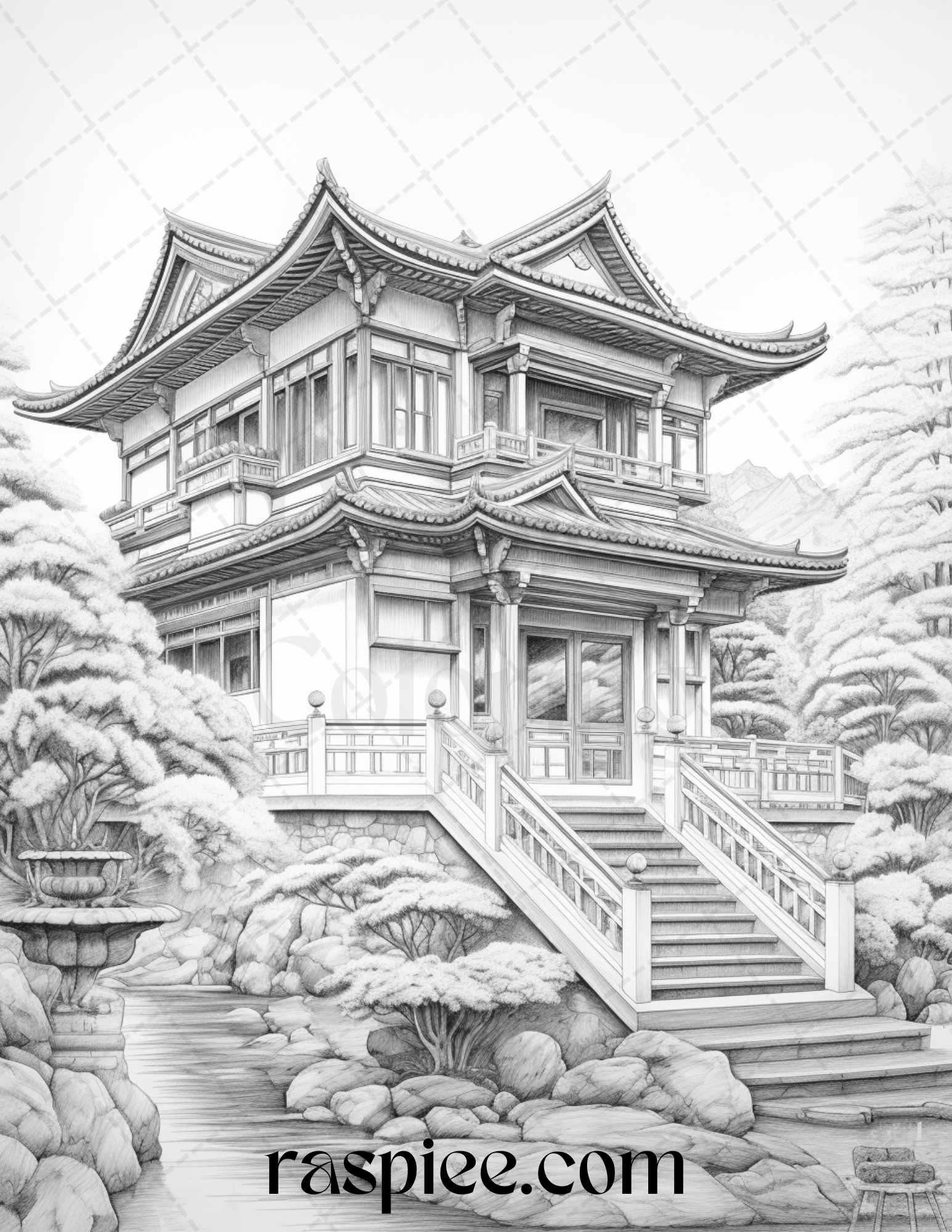 40 Traditional Chinese Houses Grayscale Coloring Pages Printable for Adults, PDF File Instant Download