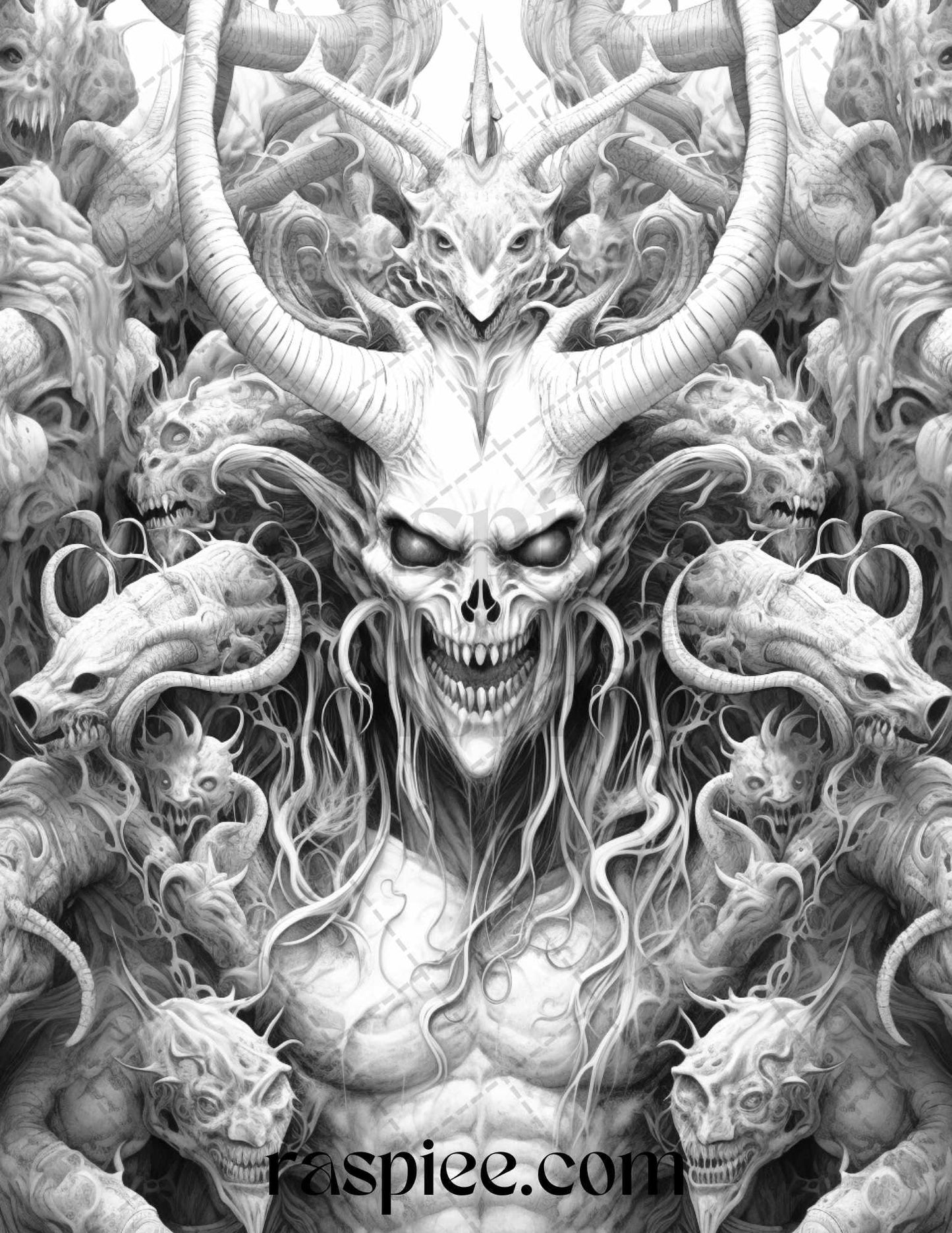 43 Fantasy Demons Grayscale Coloring Pages for Adults, Printable PDF File Instant Download