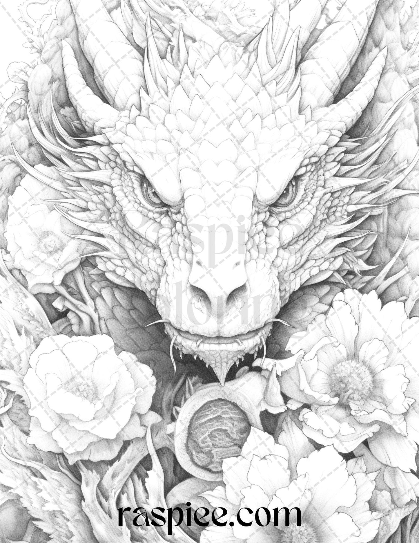 40 Flower Dragon Grayscale Coloring Pages Printable for Adults, PDF File Instant Download