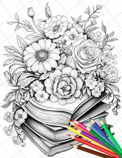 31 Book Flowers Coloring Pages Printable for Adults, Grayscale Coloring Page, PDF File Instant Download