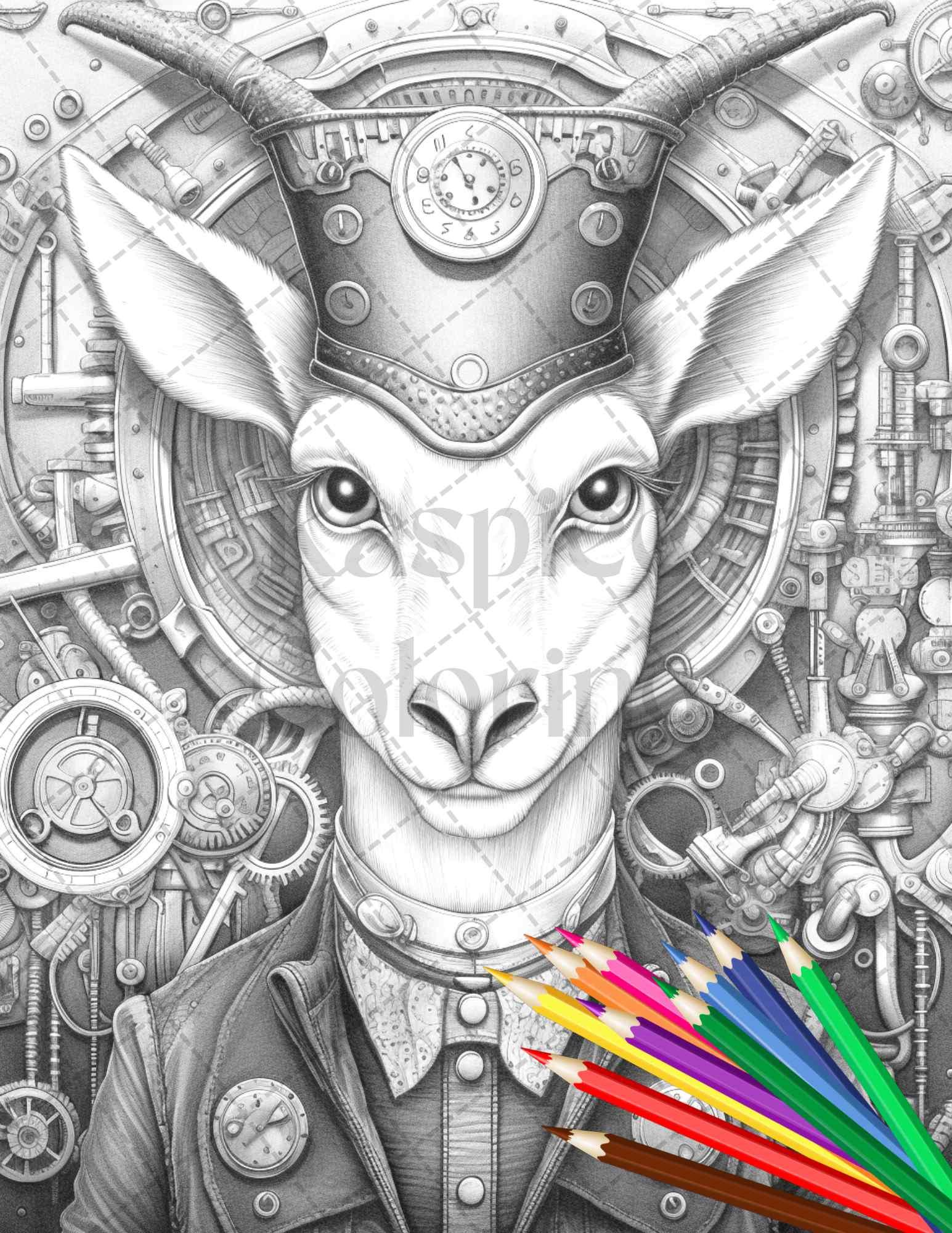 45 Steampunk Animals Grayscale Coloring Pages Printable for Adults Vol. 2, PDF File Instant Download