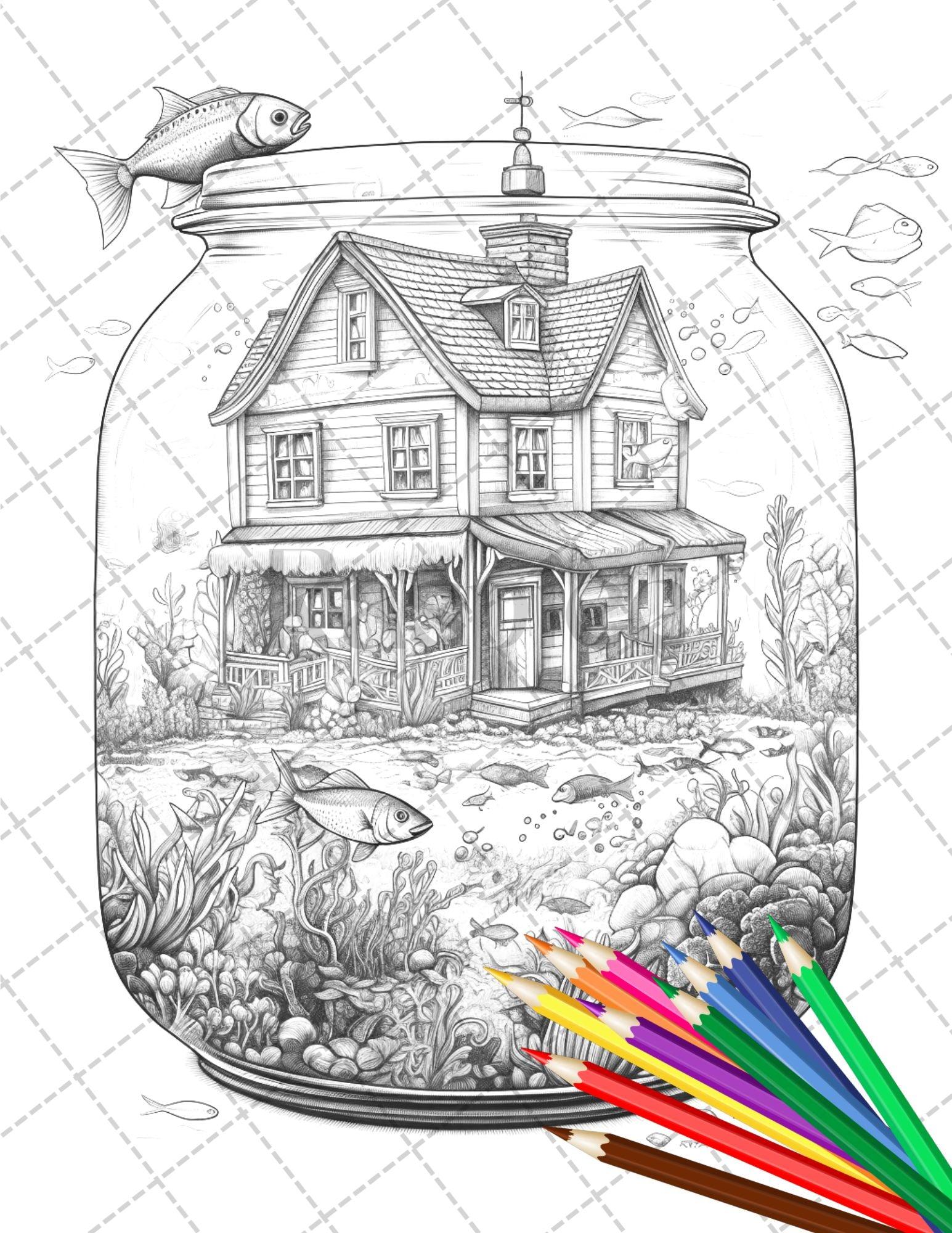 34 Fishtank Houses Coloring Book for Adults, Grayscale Coloring Page, Printable PDF Instant Download