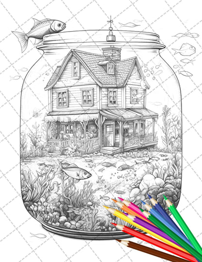 34 Fishtank Houses Coloring Book for Adults, Grayscale Coloring Page, Printable PDF Instant Download