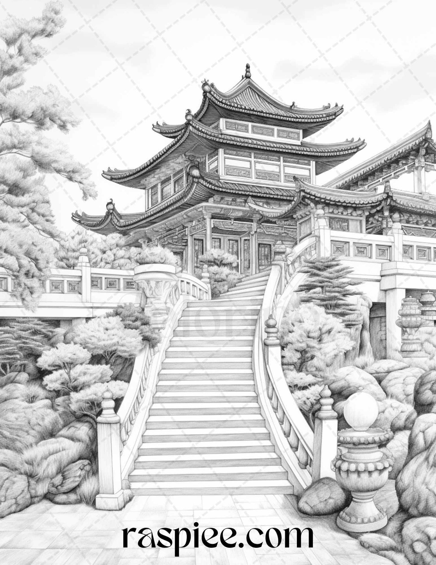 40 Traditional Chinese Houses Grayscale Coloring Pages Printable for Adults, PDF File Instant Download