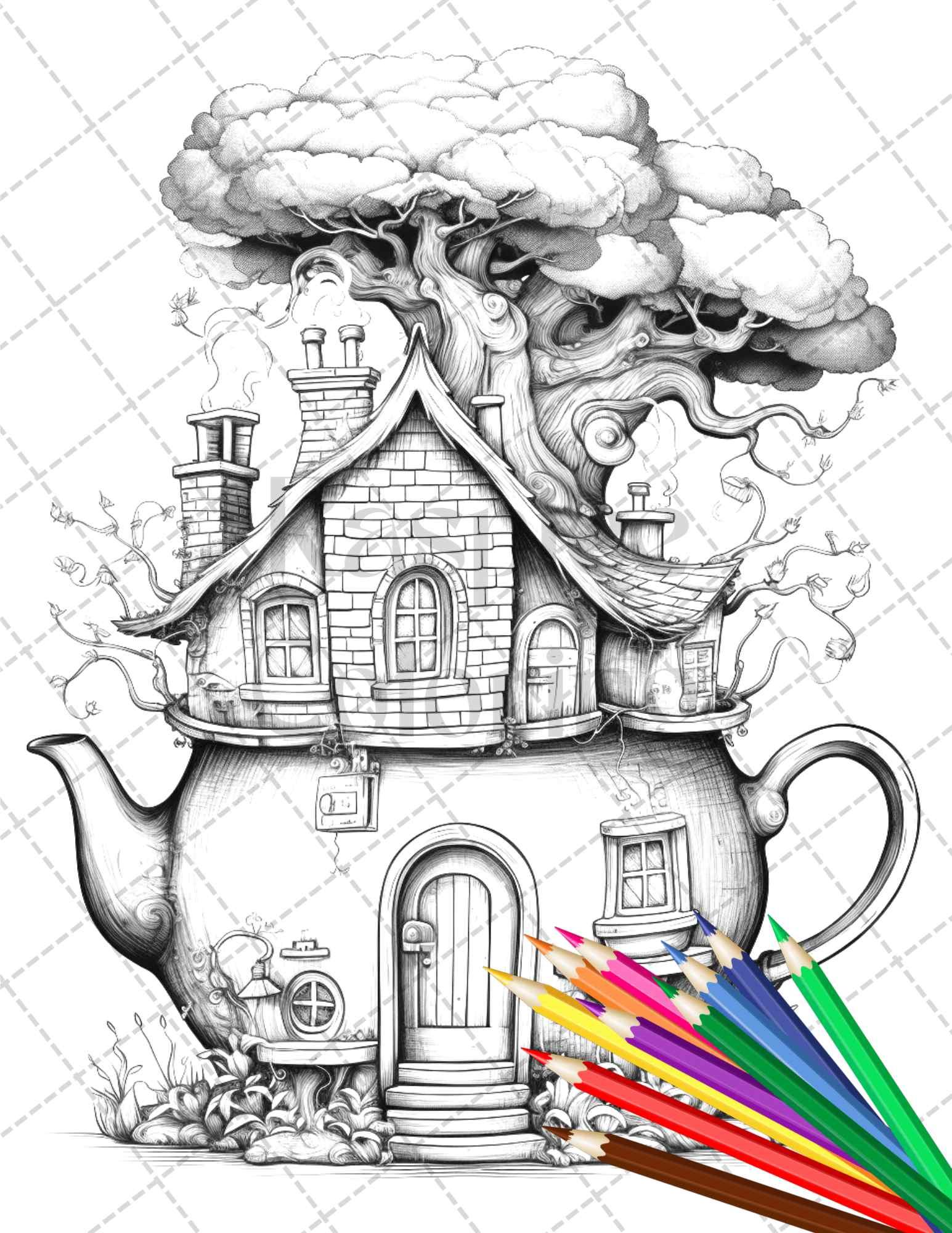 40 Teapot Fairy Houses Grayscale Coloring Pages Printable for Adults, PDF File Instant Download