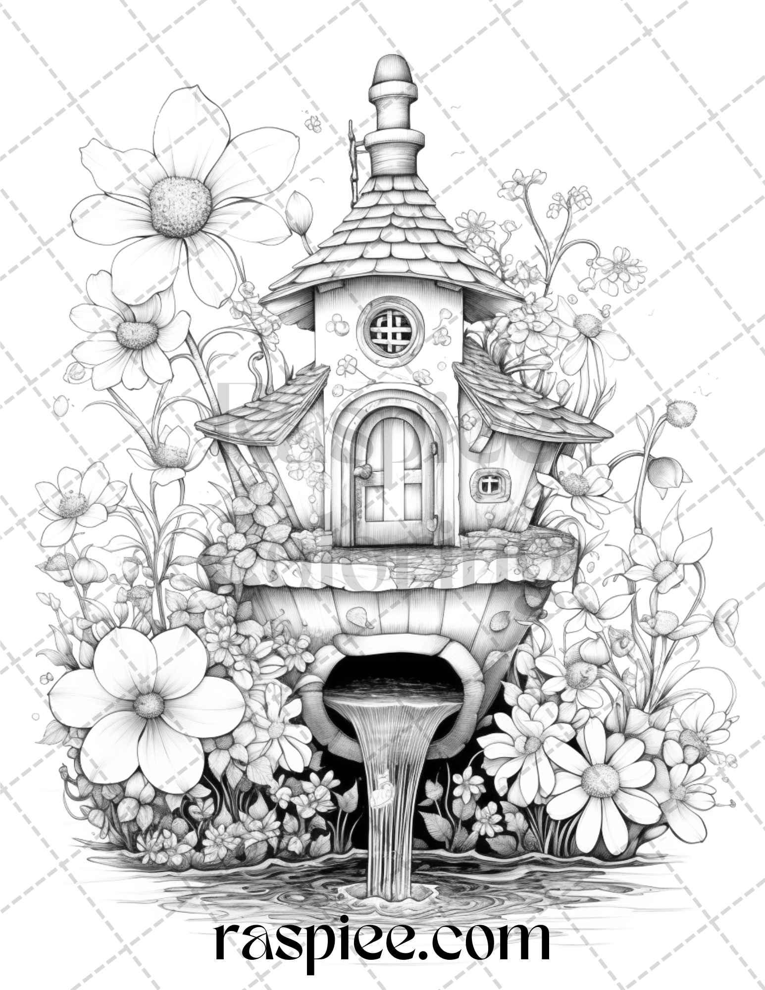 40 Whimsical Wishing Wells Grayscale Coloring Pages Printable for Adults, PDF File Instant Download