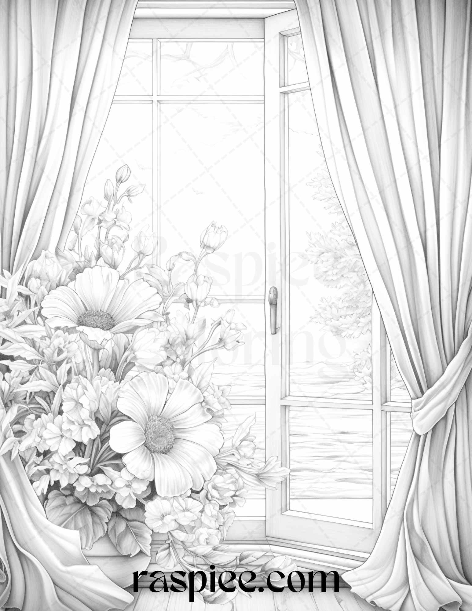 50 Blooming Windows Grayscale Coloring Pages Printable for Adults, PDF File Instant Download