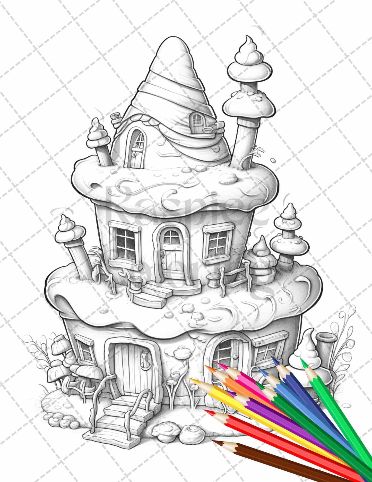 50 Adorable Cake Houses Grayscale Coloring Pages Printable for Adults and Kids, PDF File Instant Download